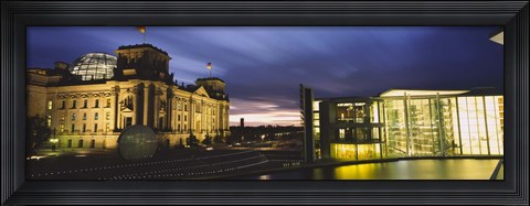 Framed Buildings lit up at night, The Reichstag, Spree River, Berlin, Germany Print
