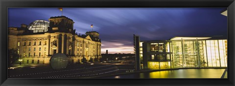 Framed Buildings lit up at night, The Reichstag, Spree River, Berlin, Germany Print