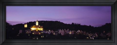 Framed Church lit up at dusk in a town, Horb Am Neckar, Black Forest, Baden-Wurttemberg, Germany Print