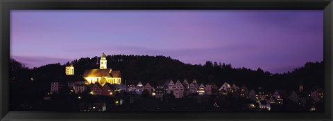 Framed Church lit up at dusk in a town, Horb Am Neckar, Black Forest, Baden-Wurttemberg, Germany Print