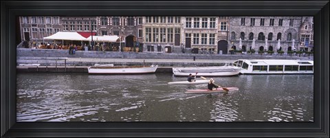 Framed High angle view of two people kayaking in the river, Leie River, Graslei, Ghent, Belgium Print