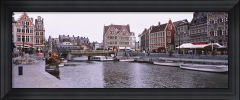 Framed Tour boats docked at a harbor, Leie River, Graslei, Ghent, Belgium Print