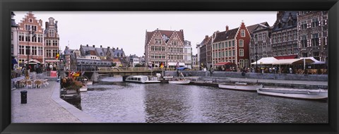 Framed Tour boats docked at a harbor, Leie River, Graslei, Ghent, Belgium Print