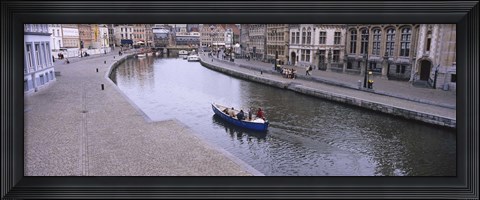 Framed High angle view of a boat in a river, Leie River, Graslei, Korenlei, Ghent, Belgium Print