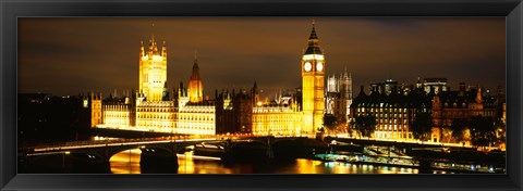 Framed Buildings lit up at night, Westminster Bridge, Big Ben, Houses Of Parliament, Westminster, London, England Print