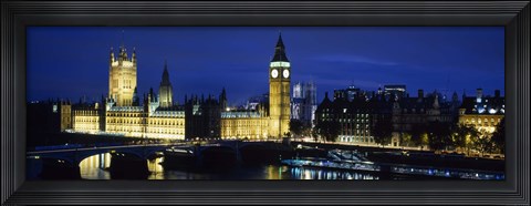 Framed Buildings lit up at dusk, Westminster Bridge, Big Ben, Houses Of Parliament, Westminster, London, England Print