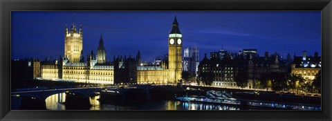 Framed Buildings lit up at dusk, Westminster Bridge, Big Ben, Houses Of Parliament, Westminster, London, England Print