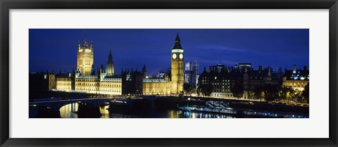 Framed Buildings lit up at dusk, Westminster Bridge, Big Ben, Houses Of Parliament, Westminster, London, England Print