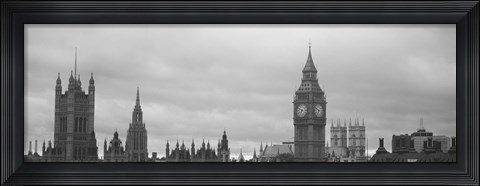 Framed Buildings in a city, Big Ben, Houses Of Parliament, Westminster, London, England (black and white) Print