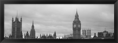 Framed Buildings in a city, Big Ben, Houses Of Parliament, Westminster, London, England (black and white) Print