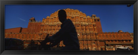 Framed Silhouette of a person riding a motorcycle in front of a palace, Hawa Mahal, Jaipur, Rajasthan, India Print