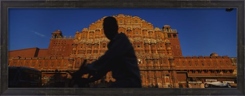 Framed Silhouette of a person riding a motorcycle in front of a palace, Hawa Mahal, Jaipur, Rajasthan, India Print