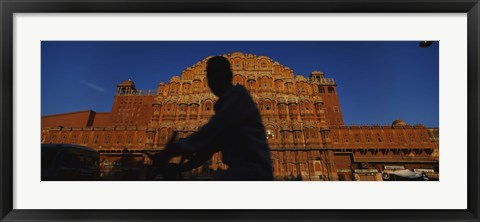 Framed Silhouette of a person riding a motorcycle in front of a palace, Hawa Mahal, Jaipur, Rajasthan, India Print