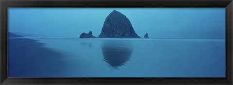 Framed Reflection of rock in water, Haystack Rock, Cannon Beach, Clatsop County, Oregon, USA Print