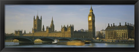 Framed Barge in a river, Thames River, Big Ben, City Of Westminster, London, England Print