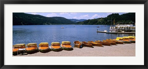 Framed Row of boats in a dock, Titisee, Black Forest, Germany Print