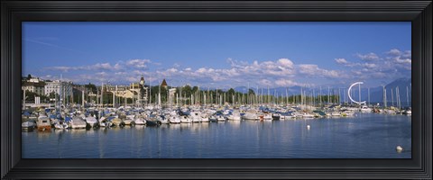 Framed Boats moored at a harbor, Lake Geneva, Lausanne, Switzerland Print
