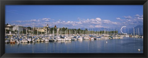 Framed Boats moored at a harbor, Lake Geneva, Lausanne, Switzerland Print