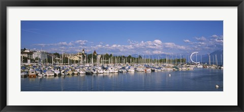 Framed Boats moored at a harbor, Lake Geneva, Lausanne, Switzerland Print