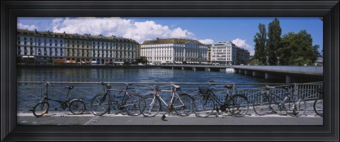 Framed Buildings at the waterfront, Rhone River, Geneva, Switzerland Print