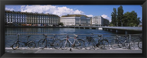 Framed Buildings at the waterfront, Rhone River, Geneva, Switzerland Print