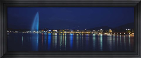 Framed Buildings lit up at night, Jet D&#39;eau, Lake Geneva, Lausanne, Switzerland Print