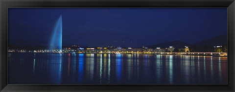 Framed Buildings lit up at night, Jet D&#39;eau, Lake Geneva, Lausanne, Switzerland Print