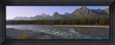 Framed Trees along a river with a mountain range in the background, Athabasca River, Jasper National Park, Alberta, Canada Print