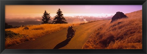 Framed High angle view of a motorcycle moving on a road, Mt Tamalpais, Marin County, California, USA Print