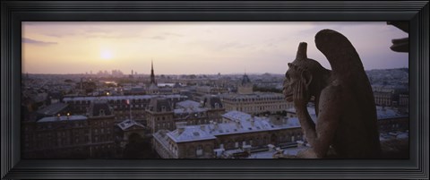 Framed Chimera sculpture with a cityscape in the background, Galerie Des Chimeres, Notre Dame, Paris, Ile-De-France, France Print