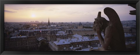 Framed Chimera sculpture with a cityscape in the background, Galerie Des Chimeres, Notre Dame, Paris, Ile-De-France, France Print