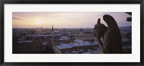 Framed Chimera sculpture with a cityscape in the background, Galerie Des Chimeres, Notre Dame, Paris, Ile-De-France, France Print