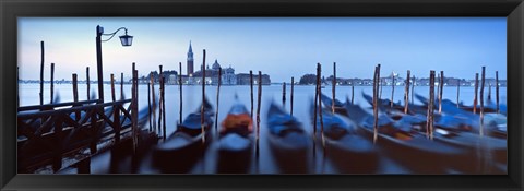 Framed Row of gondolas moored near a jetty, Venice, Italy Print