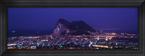 Framed High angle view of a city lit up at night, Rock Of Gibraltar, Andalusia, Spain Print