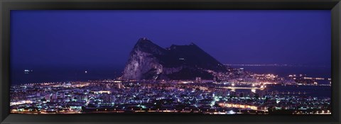 Framed High angle view of a city lit up at night, Rock Of Gibraltar, Andalusia, Spain Print