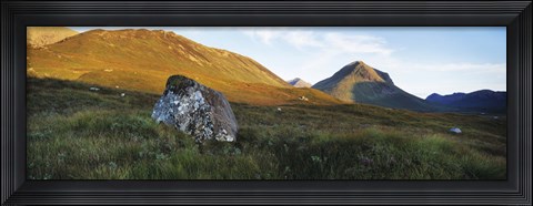 Framed Lichen covered rock in a field, Glen Sligachan, Cuillins, Isle Of Skye, Scotland Print