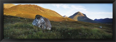 Framed Lichen covered rock in a field, Glen Sligachan, Cuillins, Isle Of Skye, Scotland Print