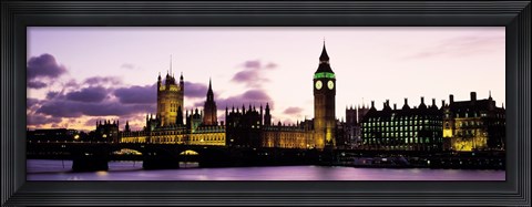 Framed Buildings lit up at dusk, Big Ben, Houses of Parliament, Thames River, City Of Westminster, London, England Print