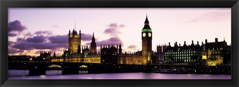 Framed Buildings lit up at dusk, Big Ben, Houses of Parliament, Thames River, City Of Westminster, London, England Print