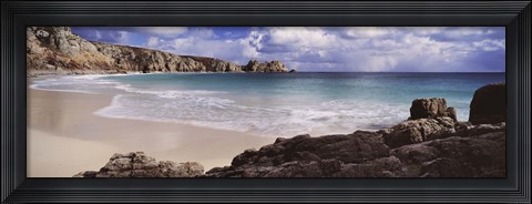 Framed Cliffs at seaside, Logan Rock, Porthcurno Bay, Cornwall, England Print