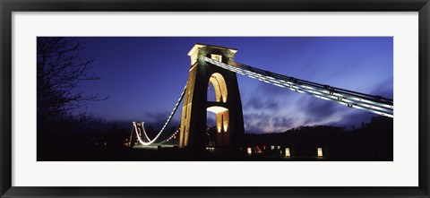 Framed Suspension bridge lit up at night, Clifton Suspension bridge, Avon Gorge, Bristol, England Print