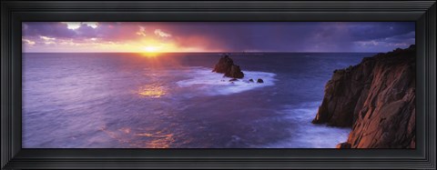 Framed Sunset over the sea, Land&#39;s End, Cornwall, England Print