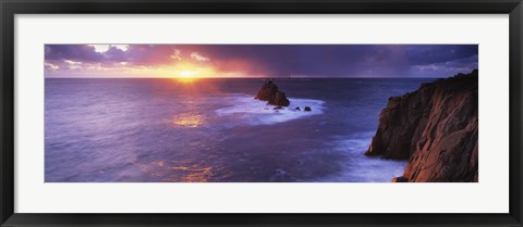 Framed Sunset over the sea, Land&#39;s End, Cornwall, England Print