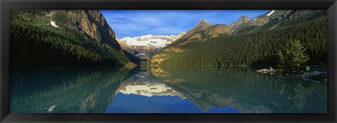 Framed Reflection of mountains in water, Lake Louise, Banff National Park, Alberta, Canada Print