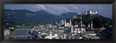 Framed High angle view of a castle on top of a mountain, Hohensalzburg Fortress, Salzach River, Salzburg, Austria Print