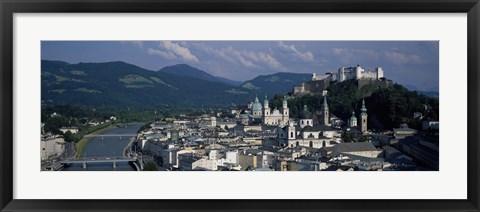 Framed High angle view of a castle on top of a mountain, Hohensalzburg Fortress, Salzach River, Salzburg, Austria Print
