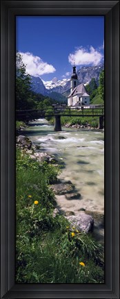 Framed Bridge over stream below country church, Bavarian Alps, Germany. Print