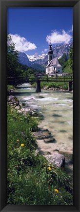 Framed Bridge over stream below country church, Bavarian Alps, Germany. Print