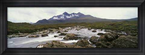 Framed River Sligachan, distant mountain in mist, Glen Sligachan, Isle of Skye, Scotland. Print