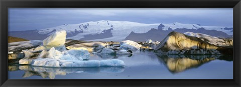 Framed Icebergs on Jokulsarlon lagoon, water reflection, Vatnajokull Glacier, Iceland. Print
